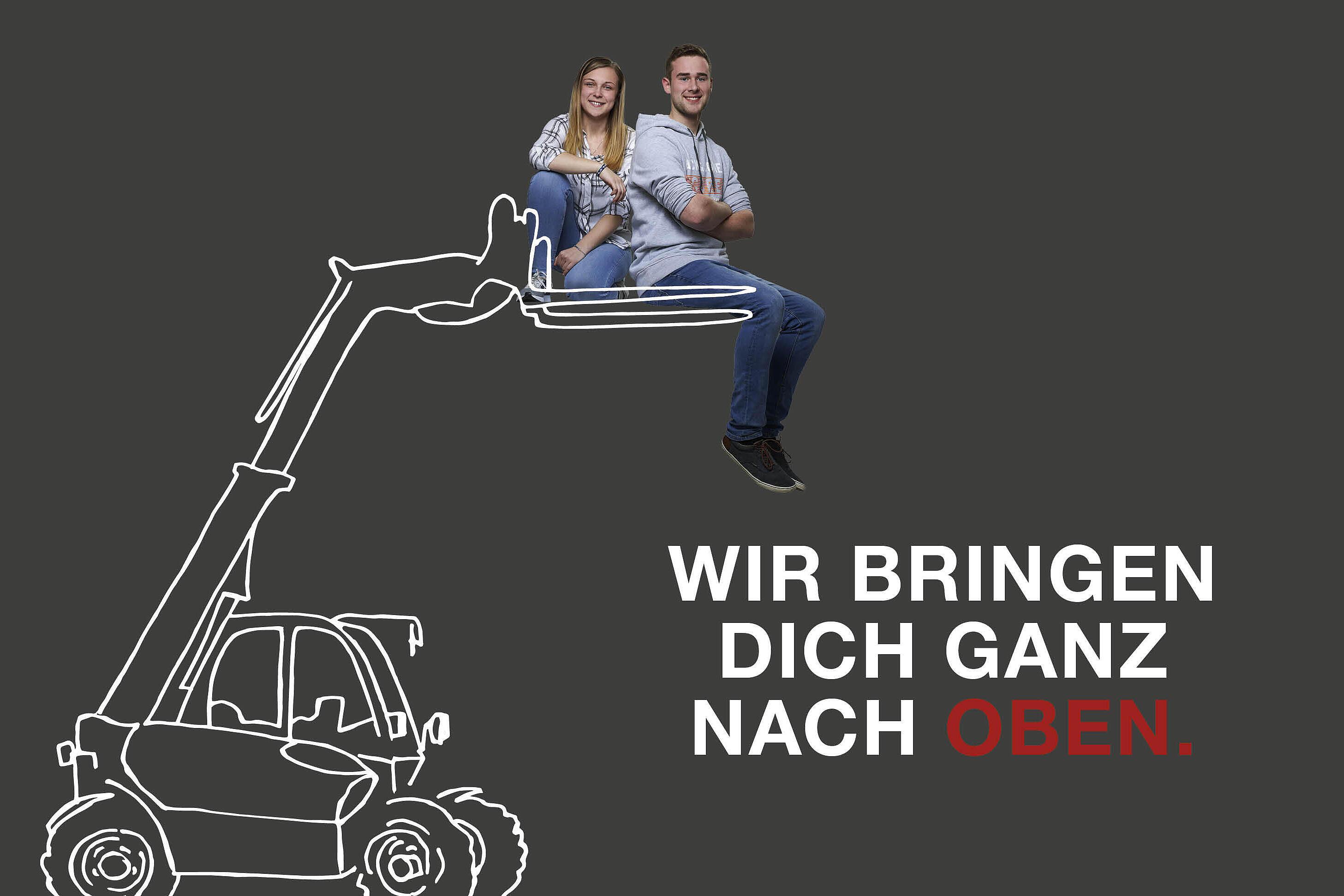 Maschinensilhouette Weidemann Teleskoplader - zwei Auszubildende sitzen auf der Palettengabel