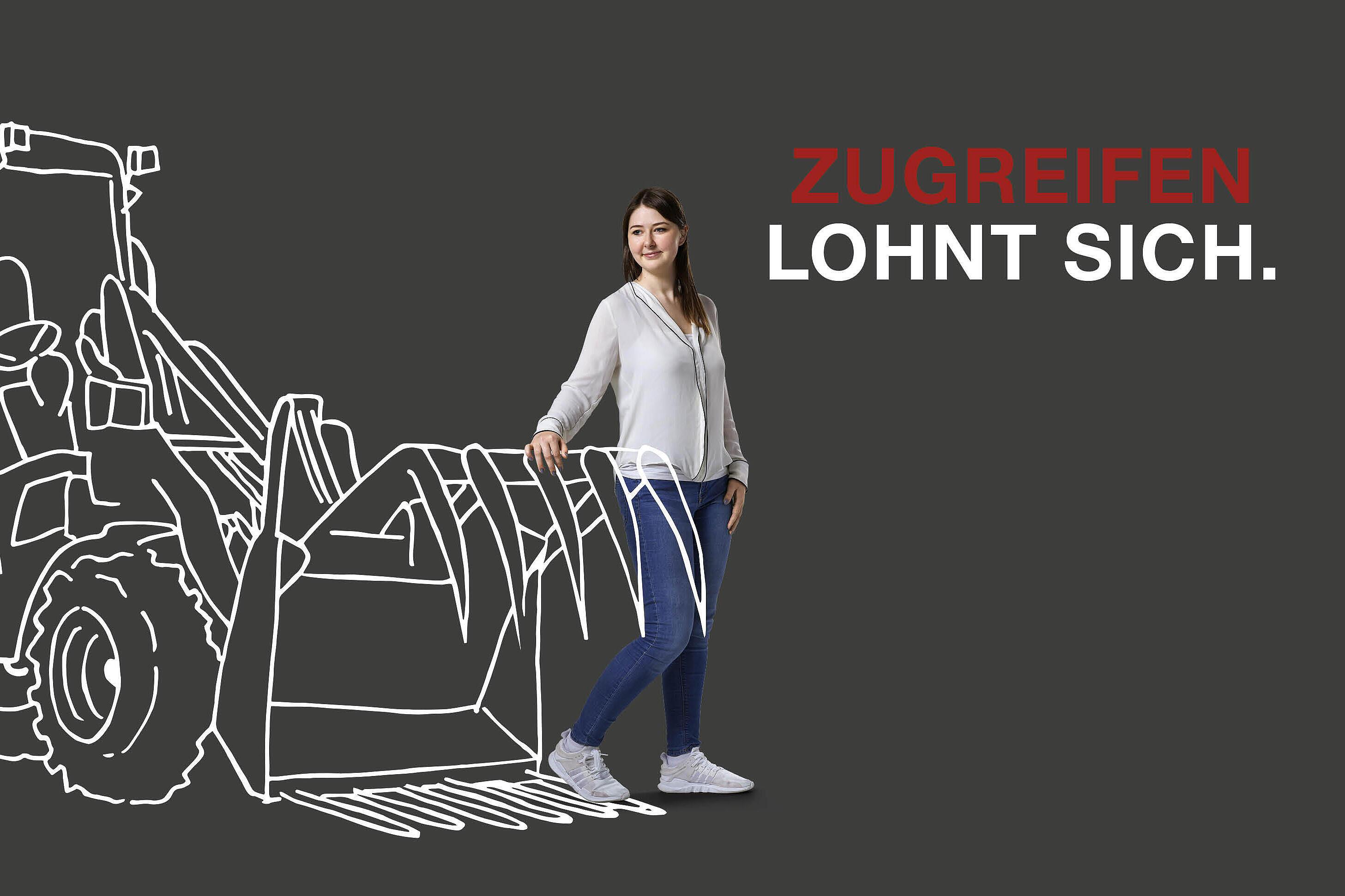 Maschinensilhouette Weidemann Hoftrac - Auszubildende packt mit einer Hand an das Krokodilgebiss