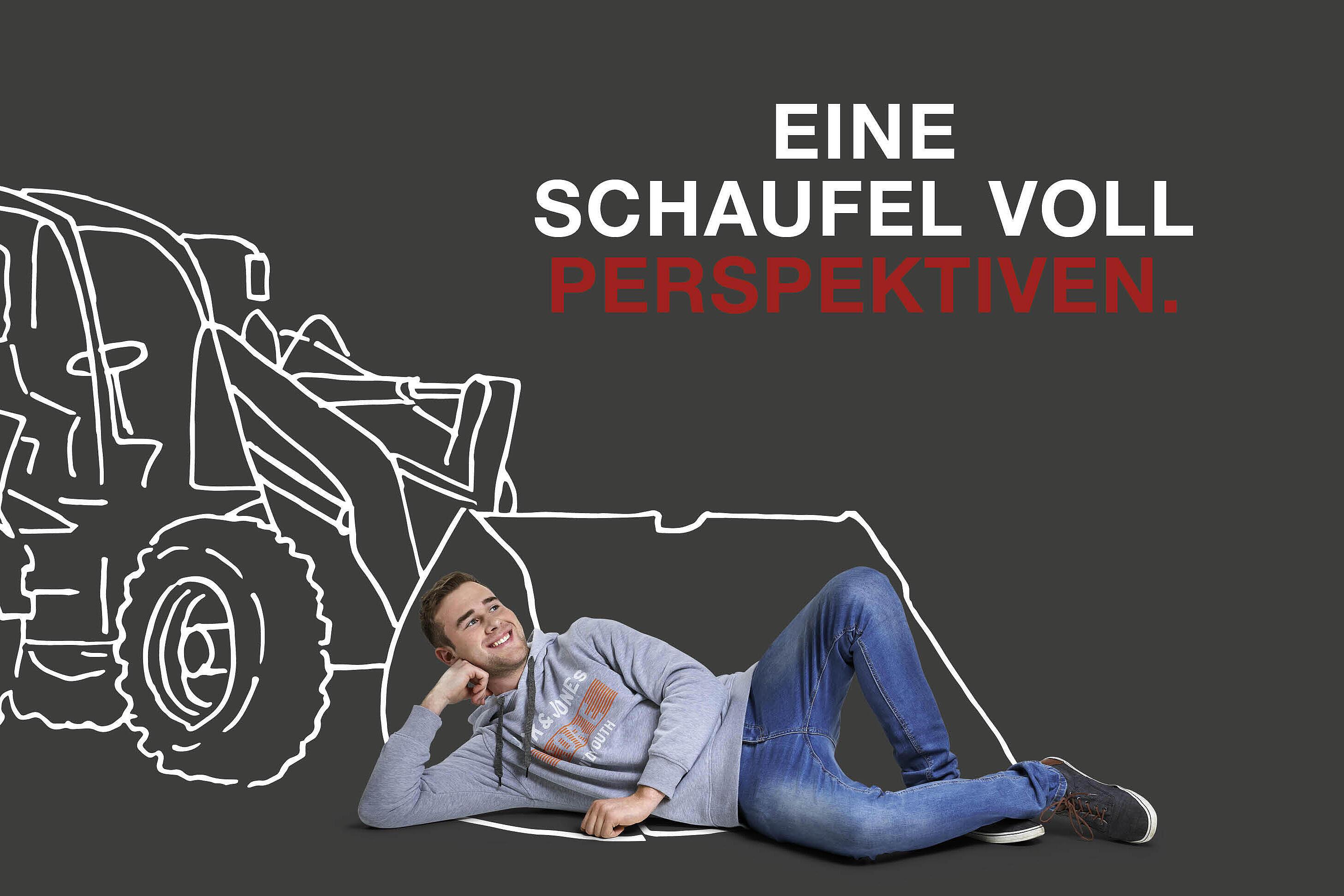 Maschinensilhouette Weidemann Radlader - Auszubildender liegt vor einer Leichtgutschaufel