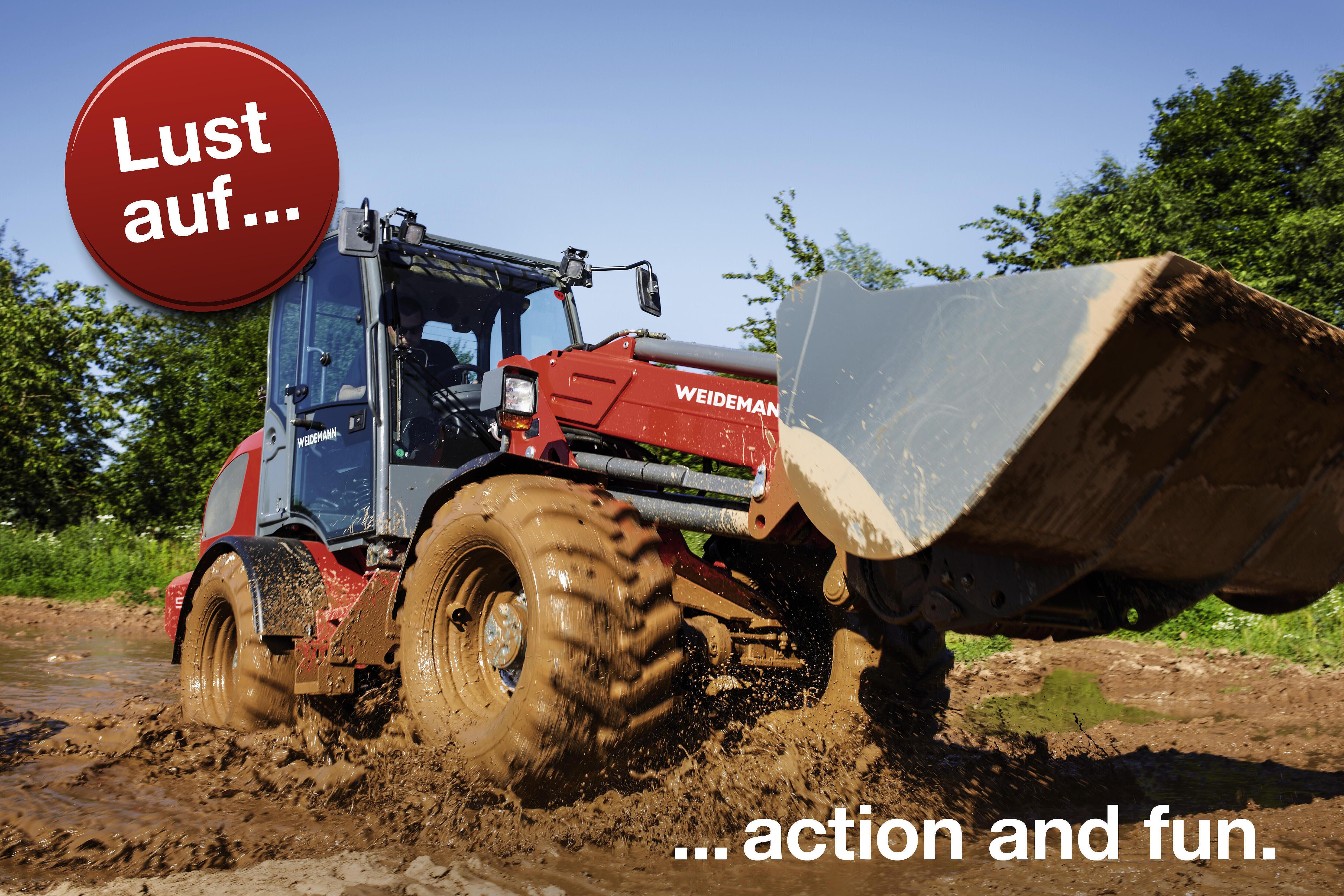 Weidemann Personalkampagne Lust auf - Radlader fährt durch Schlammloch